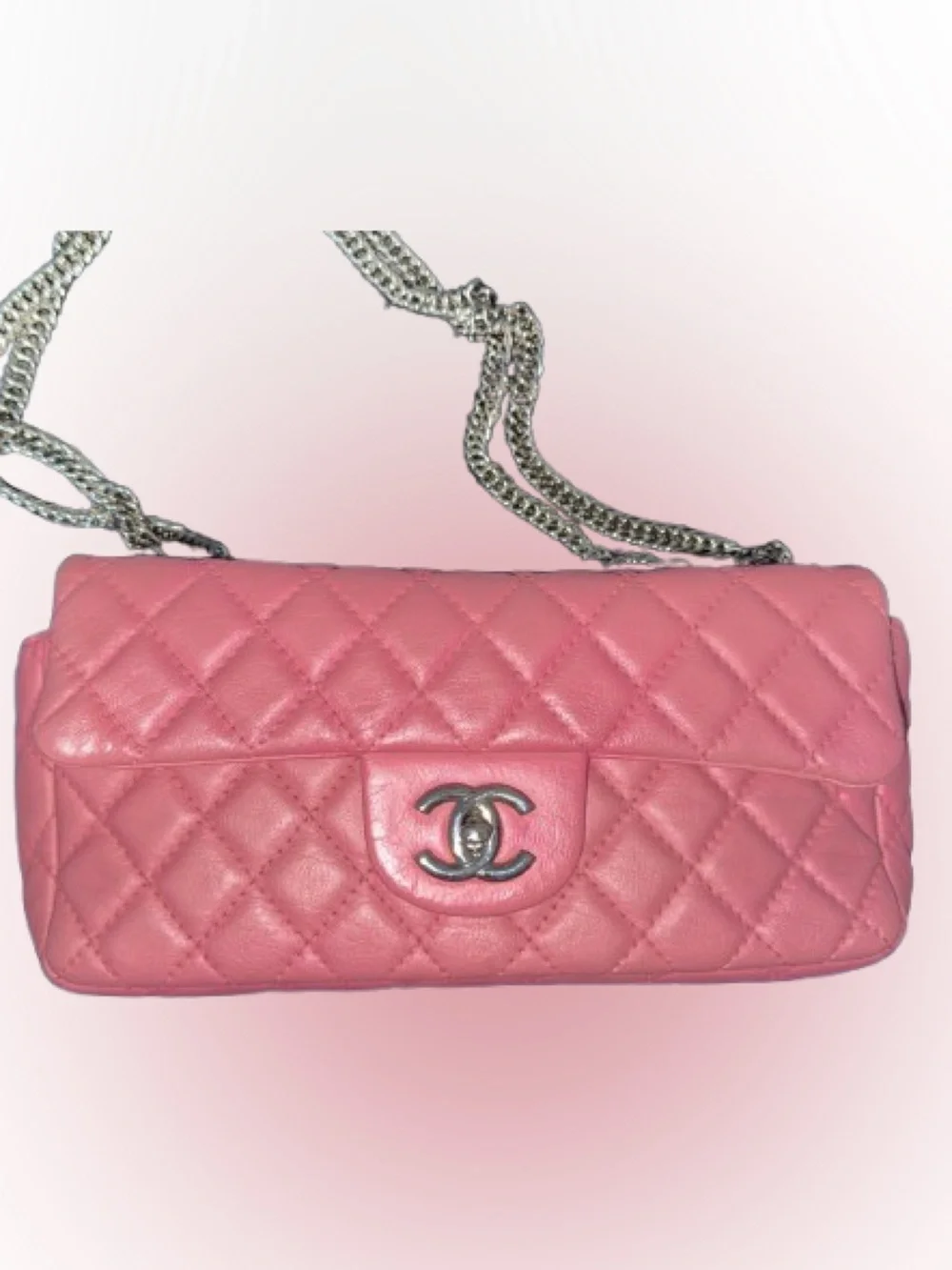 CHANEL Pink Quilted Lambskin Mini Flap Shoulder Bag with Silver Chain